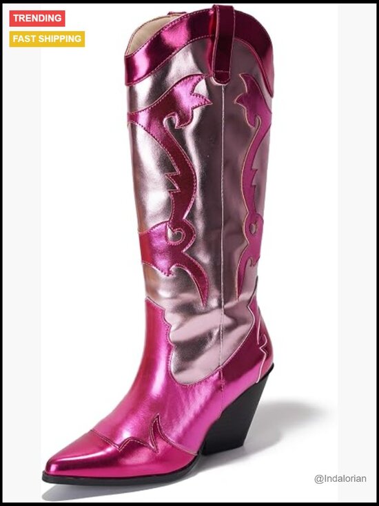 Shoes - Metallic Colorblock Cowboy Boots - Faux Leather Mid Calf 3in Heel Pointed Toe